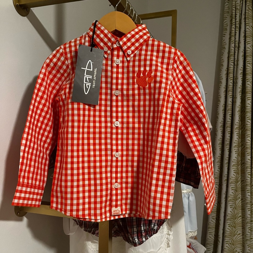garb Clemson orange gingham button up polo